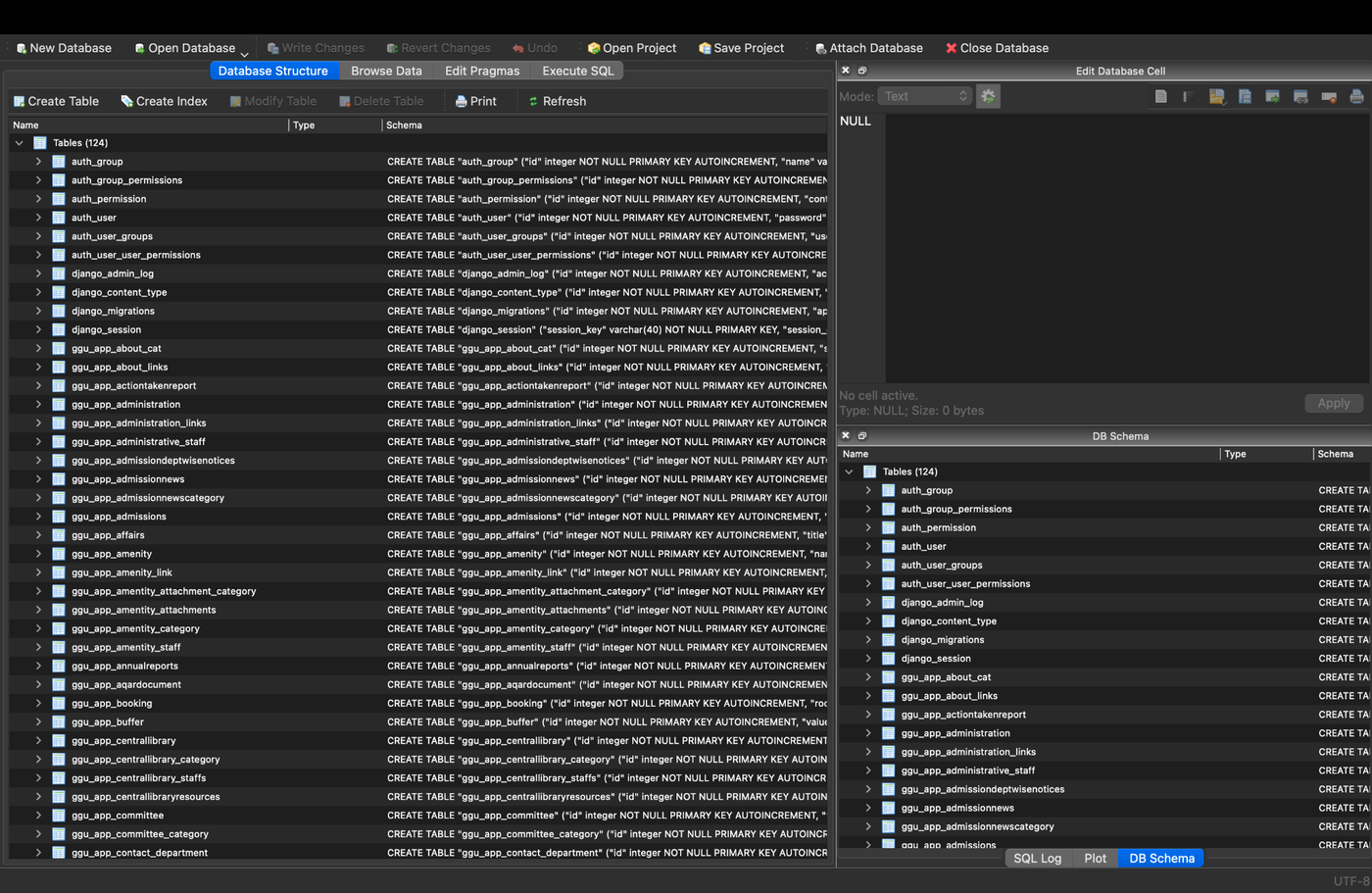 The downloaded SQLite database open in a database browser, 124 tables