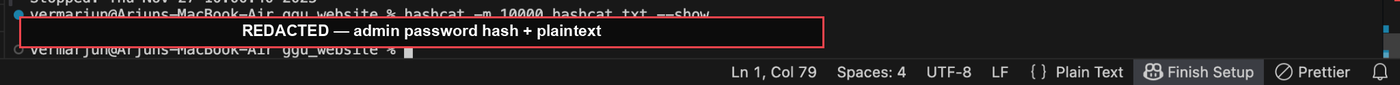 Hashcat recovering the admin password from the leaked hash, both redacted