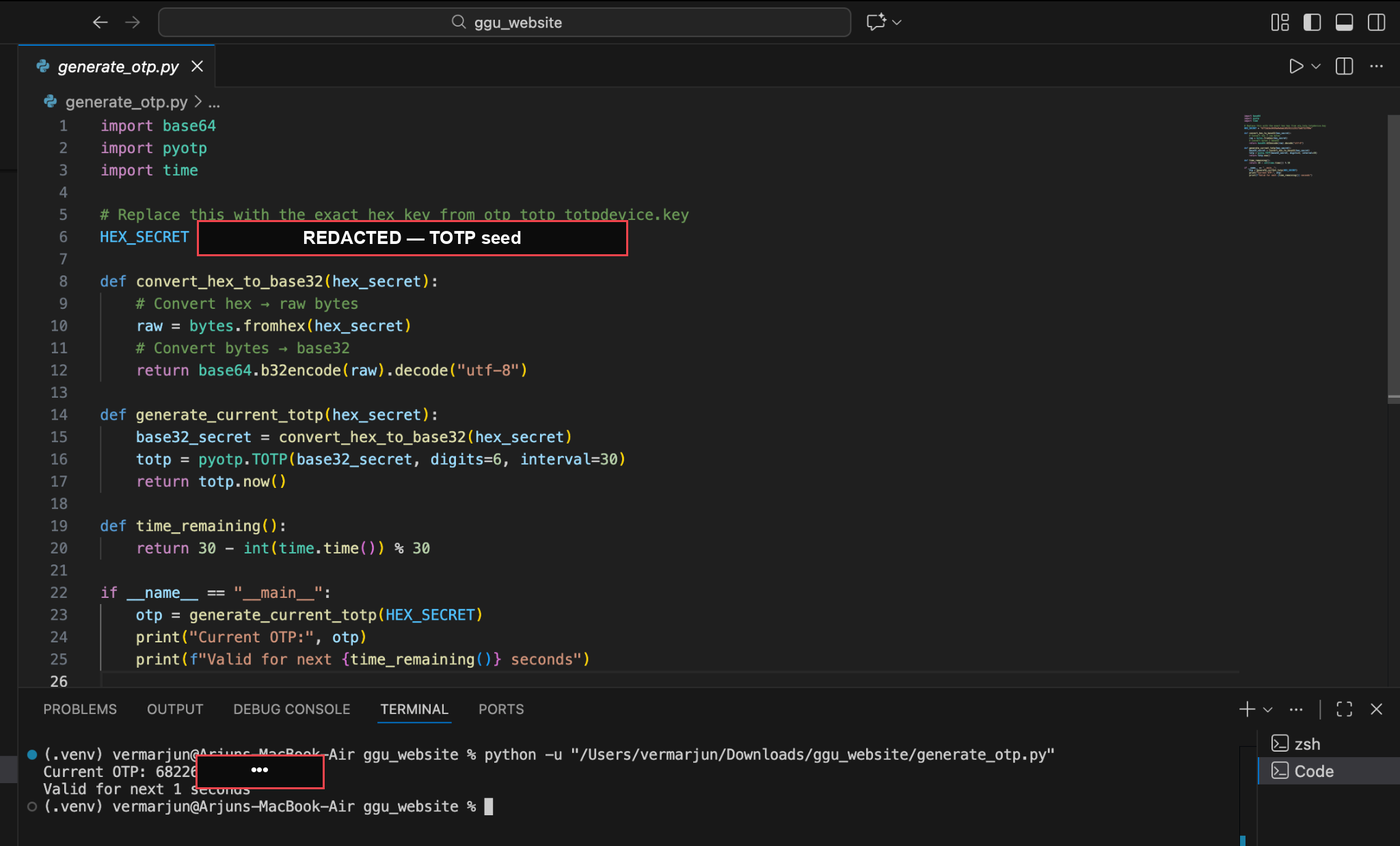 A short Python script generating a valid admin OTP from the leaked TOTP seed, redacted