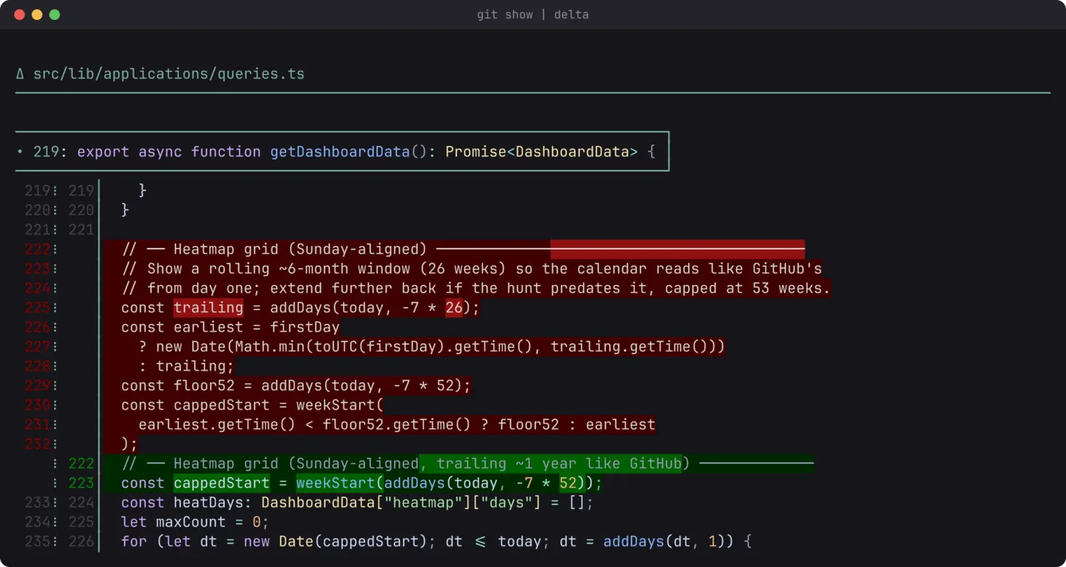 A git diff rendered by delta with side-by-side line numbers and word-level highlighting