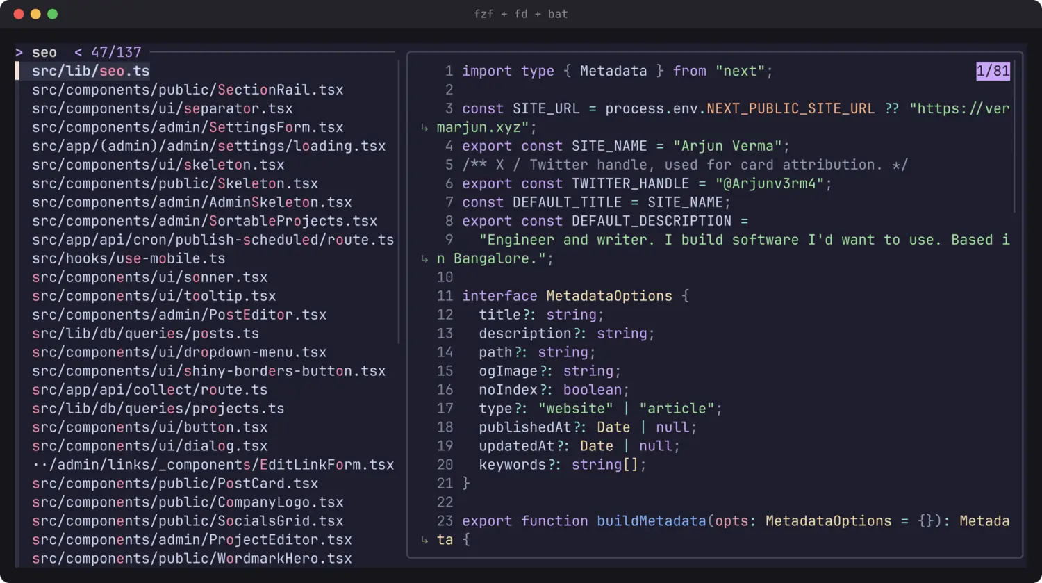 fzf narrowing a file list from fd, with a syntax-highlighted bat preview on the right