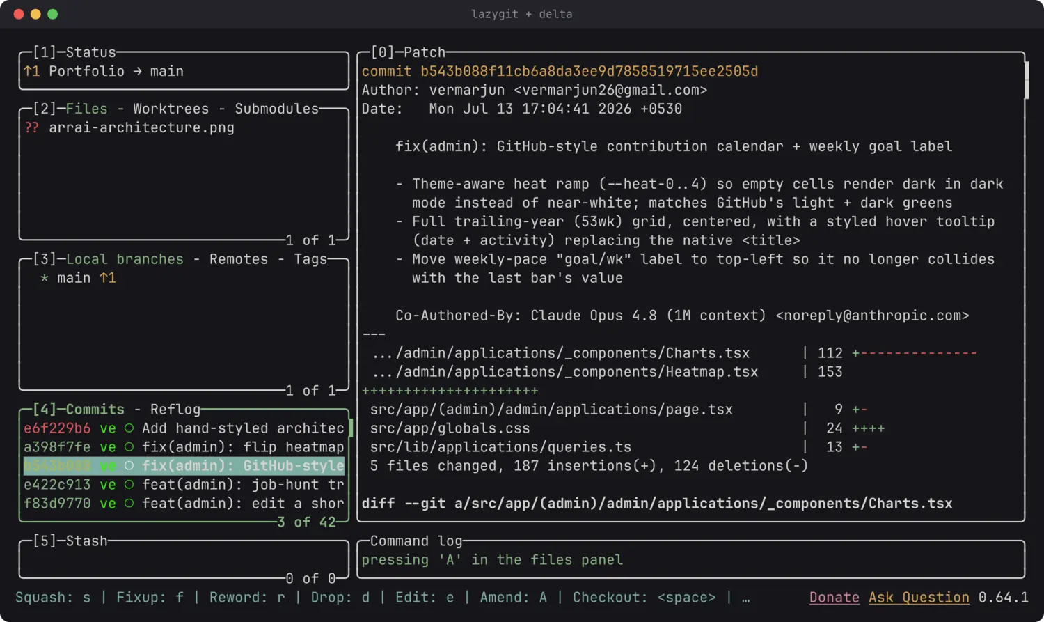 The lazygit terminal UI showing status, files, branches, commits and the patch for the selected commit