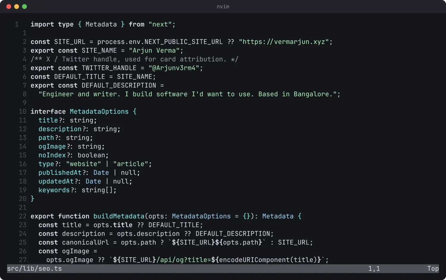 Neovim editing a TypeScript file with treesitter syntax highlighting