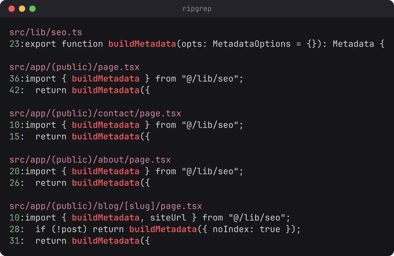 ripgrep output grouped by file with matched terms highlighted