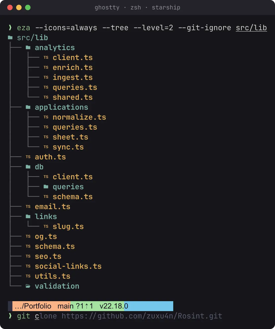 A zsh session in Ghostty showing an eza tree with file-type icons, the starship prompt, and a greyed-out autosuggestion