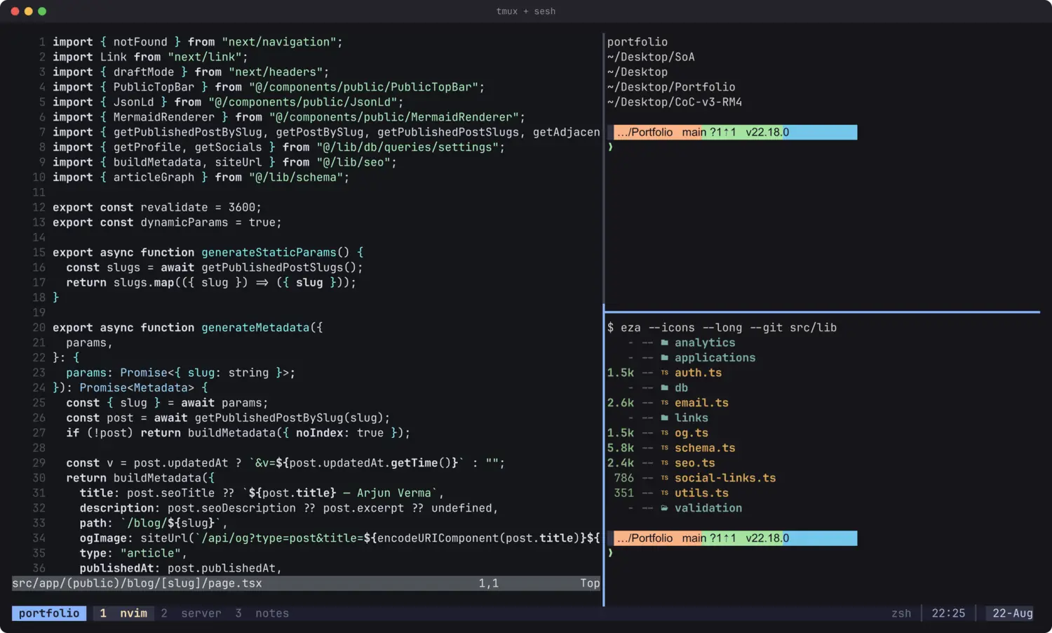 A tmux session with Neovim on the left and two shell panes on the right, with the tmux status bar listing three windows