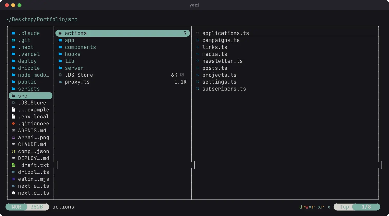 The yazi terminal file manager showing parent, current and preview columns with file-type icons